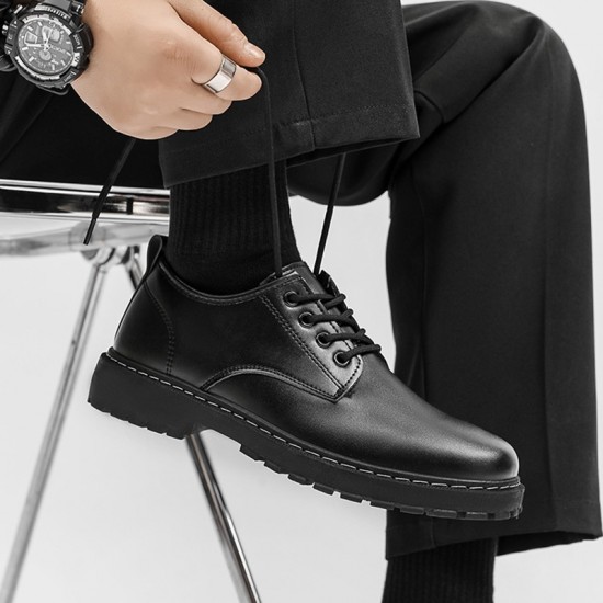 Men's summer black casual leather shoes, British business formal thick-soled, height-enhancing, round-toed, large-toed martin work shoes.